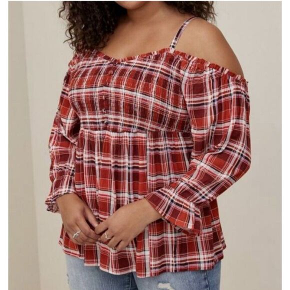 Torrid Women Smocked Babydoll Top 2X‎ Plaid Red Long Sleeve Cold Shoulder Henley - Picture 1 of 8